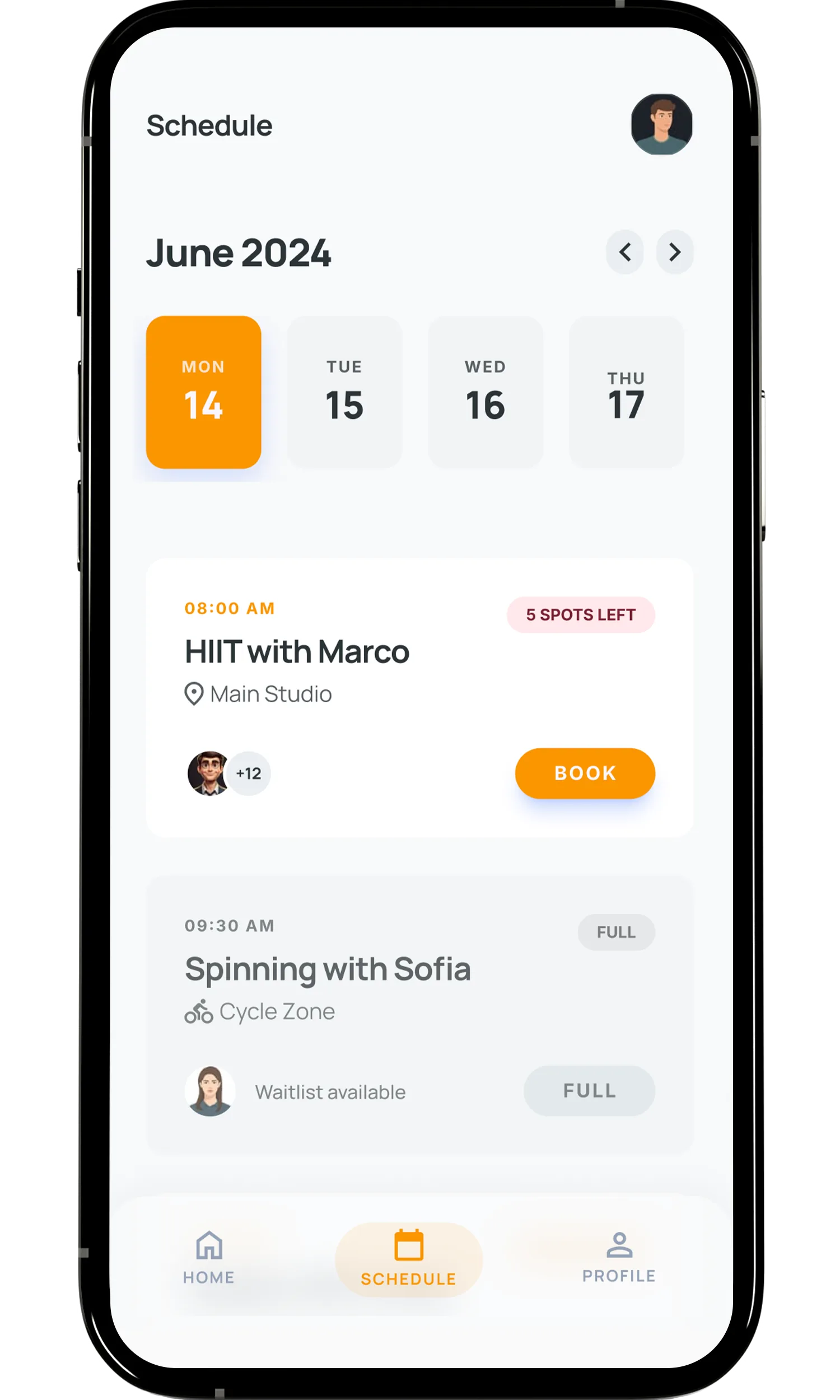 Class schedule screen