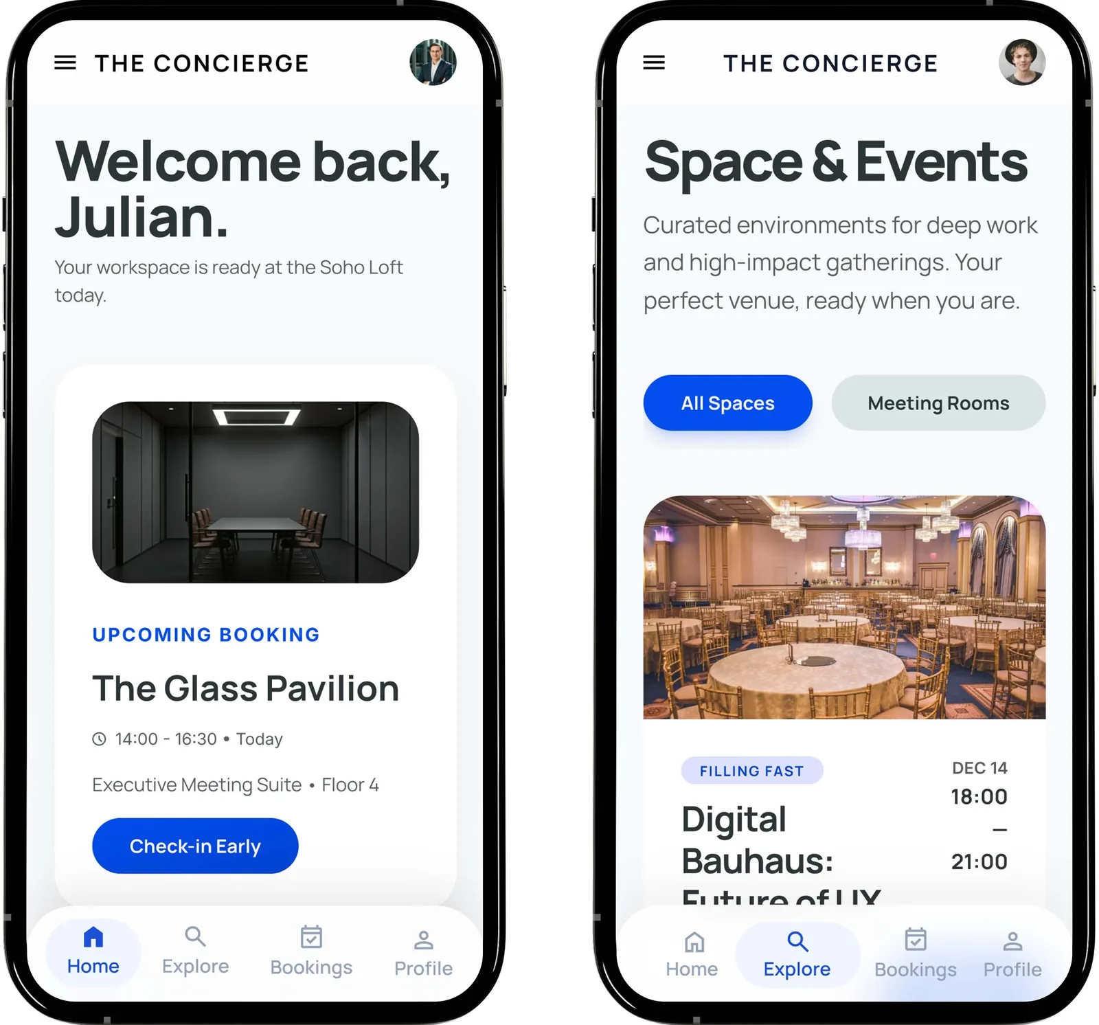Space and Event Booking app concept screens
